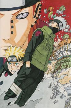Rule 34 | 3boys, absurdres, black jacket, black mask, black pants, blonde hair, blue eyes, earrings, face piercing, facial mark, flak jacket, forehead protector, green jacket, grey hair, hand in pocket, hatake kakashi, highres, jacket, jewelry, kishimoto masashi, konohagakure symbol, mask, mouth mask, multiple boys, naruto (series), naruto shippuuden, nose piercing, official art, open mouth, pain (naruto), pants, piercing, purple eyes, rinnegan, short hair, sleeveless, sleeveless jacket, spiked hair, teeth, uzumaki naruto, whisker markings