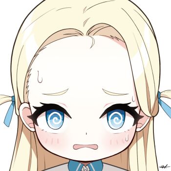 Rule 34 | 1girl, blonde hair, blue archive, blue eyes, blue ribbon, blush, collared shirt, forehead, hair ribbon, parted lips, portrait, ribbon, shirt, shuni valentine, signature, simple background, small sweatdrop, solo, sora (blue archive), sweat, two side up, wavy mouth, white background, white shirt