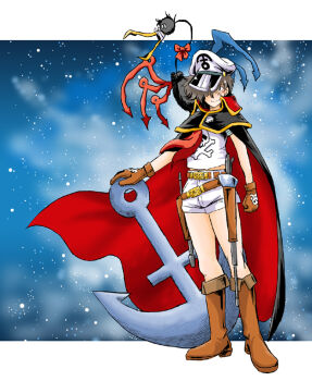 Rule 34 | 1girl, anchor, asymmetrical wings, azuki osamitsu, belt, bird wings, black cape, black capelet, blue wings, blush, boots, brown boots, brown gloves, cape, capelet, clenched hand, clenched hands, cosplay, energy sword, facial scar, full-face blush, gloves, gun, hair over eyes, harlock, harlock (cosplay), harlock saga, holding, holding anchor, holster, holstered, houjuu nue, knees, leg holster, light blush, light smile, matsumoto leiji (style), multiple belts, neck ribbon, one eye closed, one eye covered, red cape, red ribbon, red wings, ribbon, scar, scar on cheek, scar on face, ship captain, shirt, shoes, short hair, short shorts, shorts, skull, skull and crossbones, skull print, smile, space, standing, sword, tori san, touhou, uchuu kaizoku captain harlock, ufo, undefined fantastic object, weapon, white shirt, white shorts, wind, wings