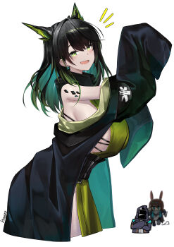 Rule 34 | 1other, 2girls, absurdres, ahoge, amiya (arknights), animal ears, arknights, arm up, artist name, bare shoulders, black coat, black hair, black jacket, blue eyes, breasts, cat ears, coat, colored inner hair, commentary, cropped legs, doctor (arknights), dress, english commentary, fang, green dress, green eyes, green hair, hair intakes, highres, hood, hooded coat, irkawaza, jacket, large breasts, looking at viewer, material growth, medium hair, mon3tr (arknights), multicolored hair, multiple girls, open mouth, oripathy lesion (arknights), rabbit ears, sideboob, simple background, sleeveless, sleeveless dress, sleeves past fingers, sleeves past wrists, smile, solo focus, streaked hair, white background
