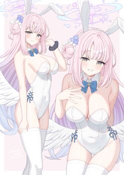 1girl alternate_costume animal_ear_hairband animal_ears bare_shoulders blue_archive blue_flower blush breasts closed_mouth fake_animal_ears flower grin hair_bun hair_flower hair_ornament hair_scrunchie hairband halo hand_on_own_chest highres kurumi_lm large_breasts leotard looking_at_viewer mika_(blue_archive) pink_hair playboy_bunny purple_halo purple_scrunchie rabbit_ear_hairband rabbit_ears scrunchie single_side_bun smile solo strapless strapless_leotard thighhighs white_hairband white_leotard white_scrunchie white_thighhighs white_wings wings wrist_scrunchie yellow_eyes