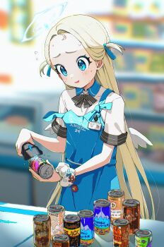 1girl absurdres apron artist_name barcode_scanner black_bow black_bowtie blonde_hair blue_apron blue_archive blue_eyes blue_halo blue_ribbon blurry blurry_background bow bowtie can cashier collared_shirt commentary counter english_text eudetenis film_grain floral_print forehead hair_ribbon halo highres holding holding_barcode_scanner holding_can id_card light_blush long_hair looking_at_object mini_wings nervous nervous_sweating parted_lips print_apron print_scrunchie raised_inner_eyebrows ribbon scrunchie shelf shirt short_sleeves solo sora_(blue_archive) standing strap_slip striped_bow striped_bowtie striped_clothes sweat two_side_up very_long_hair wavy_mouth white_scrunchie white_shirt white_wings wings wrist_scrunchie