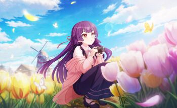 1girl :o aircraft airplane animal blue_butterfly blue_sky blunt_bangs blurry blurry_background blurry_foreground blush bug building butterfly butterfly_on_hand camera cardigan cloud cloudy_sky collared_shirt commentary_request contrail dandelion day depth_of_field dragonfly dress falling_leaves field flower flower_field game_asset garden ginkgo_leaf glowing_butterfly grass hair_ribbon highres holding holding_camera holding_flower insect leaf letterboxed long_hair long_sleeves mary_janes mountain mountainous_horizon nekoashi_tsubomi non-web_source official_art open_cardigan open_clothes outdoors parted_lips petals pink_cardigan pink_flower pink_ribbon pinwheel purple_hair ribbon self-datamine shirt shoes skirt sky sleeveless solo squatting tulip very_long_hair white_butterfly white_flower white_shirt wind windmill world_dai_star yellow_butterfly yellow_eyes yellow_flower