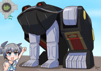 1girl akashieru black_frog_ninjazord crossover frog grey_hair grey_sailor_collar headgear i-36_(kancolle) kantai_collection mecha mighty_morphin_power_rangers ninja_sentai_kakuranger one-hour_drawing_challenge power_rangers robot sailor_collar sailor_shirt shirt short_hair solo super_sentai twintails upper_body
