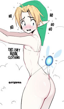 1boy absurdres ass bare_shoulders bikini blonde_hair blue_eyes blush crossdressing crossdressing_(mtf) embarrassed english_text fairy fairy_wings green_hat hat highres link male_focus micro_bikini navi nintendo open_mouth pea_(vaultboy503) pointy_ears shota standing swimsuit the_legend_of_zelda the_legend_of_zelda:_ocarina_of_time twitter_username white_background wings young_link
