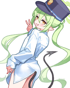 1girl absurdres blue_archive bottomless demon_tail earrings fang green_hair green_halo halo hat highres jewelry loli naked_shirt nozomi_(blue_archive) open_mouth pointy_ears s9uirrel shirt skin_fang tail twintails v white_shirt yellow_eyes