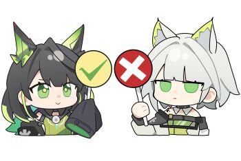 2girls :&lt; animal_ears arknights black_hair cat_ears cat_girl chibi closed_mouth green_eyes green_hair highres holding holding_sign kal&#039;tsit_(arknights) material_growth mon3tr_(arknights) multiple_girls off_shoulder oripathy_lesion_(arknights) sign simple_background sleeves_past_fingers sleeves_past_wrists upper_body white_background wwfo_2