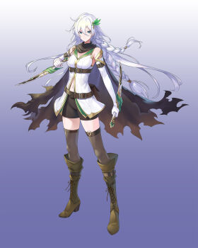 1girl absurdres bare_shoulders belt black_cape black_shorts black_thighhighs boots borrowed_character braid breasts brown_boots cape commentary_request commission dagger dual_wielding elbow_gloves full_body gloves gradient_background hair_ornament highres holding holding_dagger holding_knife holding_weapon knife long_hair looking_at_viewer medium_breasts multiple_belts mytea_(soso) navel original shirt shorts simple_background skeb_commission smile solo thighhighs torn_cape torn_clothes weapon white_gloves white_hair white_shirt