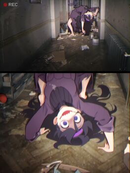 1girl 2koma barefoot belt blurry blurry_background bottle breasts comic dress evil_smile fellatio_gesture flexible gastly gen_1_pokemon hair_between_eyes hairband hex_maniac_(pokemon) hex_maniac_(pokemon_xy) highres horror_(theme) indoors khyle. long_hair medium_breasts milk_bottle moomoo_milk nintendo open_belt open_fly open_mouth pants_around_ankles poke_ball poke_ball_(basic) pokemon pokemon_(creature) pokemon_x_and_y pov purple_dress purple_eyes purple_hairband sharp_teeth shoes single_shoe smile suggestive_fluid teeth upside-down you_gonna_get_raped