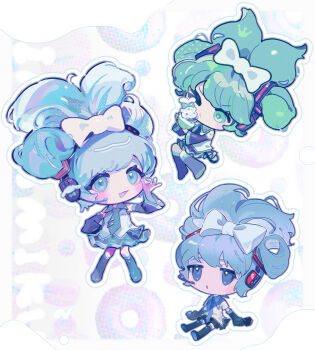 1girl black_boots blue_eyes boots bow chibi chibi_only cinnamiku cinnamiku_hairstyle cinnamoroll commentary_request detached_sleeves full_body fuwa_fuwa_cinnamoroll hatsune_miku headset highres jitome kiss long_hair mawarusanso multiple_views necktie one_eye_closed open_mouth pursed_lips sanrio sleeves_past_fingers sleeves_past_wrists twintails vocaloid white_bow