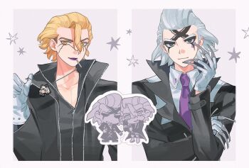 2boys almifiiiii black_eyes black_jacket blonde_hair chibi chibi_inset claws closed_mouth collarbone collared_shirt dr._stone gloves grey_eyes grey_hair hair_between_eyes hair_slicked_back hand_up highres jacket long_sleeves looking_at_viewer makeup male_focus multiple_boys necktie purple_lips purple_necktie shirt short_hair simple_background smile stanley_snyder_(dr.stone) star_(symbol) upper_body white_gloves white_shirt xeno_(dr.stone) yaoi yellow_eyes