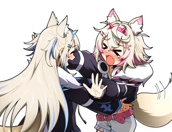>_< 2girls :d animal_ear_fluff animal_ears bandaid bandaid_hair_ornament belt black_jacket blonde_hair blue_hairband blue_nails blue_streaks blush commentary crossed_bangs ddolbang dog_ears dog_girl dog_tail english_commentary fake_horns fangs frilled_shorts frills fur-trimmed_jacket fur_trim fuwawa_abyssgard fuwawa_abyssgard_(1st_costume) hair_ornament hairband headphones headphones_around_neck highres hololive hololive_english horn_hairband horns imminent_hug jacket long_hair long_sleeves mococo_abyssgard mococo_abyssgard_(1st_costume) multicolored_hair multiple_girls open_mouth outstretched_hand pink_belt pink_hairband pink_streaks shorts siblings simple_background sisters smile streaked_hair tail tail_wagging tearing_up twins virtual_youtuber white_background x_hair_ornament xd