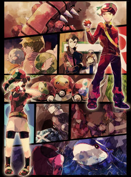 00s 2girls 6+boys altaria professor_birch brendan_(pokemon) gardevoir gen_3_pokemon groudon gym_leader highres holding holding_poke_ball kyogre legendary_pokemon may_(pokemon) metagross mightyena multiple_boys multiple_girls nintendo norman_(pokemon) okii on_head poke_ball poke_ball_(basic) pokemon pokemon_(creature) pokemon_on_head pokemon_rse slakoth team_aqua team_aqua_grunt team_magma team_magma_grunt wally_(pokemon)