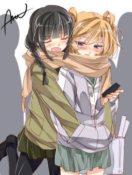 10s 2girls abukuma_(kancolle) bag black_hair black_legwear blonde_hair blue_eyes blunt_bangs blush braid cellphone closed_eyes commentary_request double_bun hair_between_eyes hair_bun hair_rings hand_in_pocket kantai_collection kitakami_(kancolle) leg_up long_hair mtu_(orewamuzituda) multiple_girls open_mouth pantyhose phone pleated_skirt scarf school_uniform serafuku shared_clothes shared_scarf sharing sidelocks signature single_braid skirt sweater