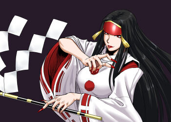 Rule 34 | 1girl, black hair, fingernails, gohei, headband, japanese clothes, lipstick, long fingernails, long hair, makeup, miko, ml (1739mk), nail polish, rashoujin mizuki, red eyes, ribbon trim, samurai spirits, sharp fingernails, shide, sidelocks, wide sleeves