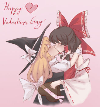 Rule 34 | 2girls, apron, back bow, bare shoulders, black vest, blonde hair, bow, box, box of chocolates, brown hair, closed eyes, commentary, detached sleeves, english commentary, english text, frilled bow, frilled hair tubes, frilled hat, frills, gift, hair bow, hair tubes, hakurei reimu, happy valentine, hat, hat bow, heart, heart-shaped box, highres, kirisame marisa, kiss, long hair, multiple girls, pink background, red bow, red ribbon, red shirt, ribbon, ribbon-trimmed sleeves, ribbon trim, shirt, simple background, sleeveless, sleeveless shirt, there2007, touhou, turtleneck, valentine, vest, waist apron, white bow, white shirt, witch hat, yuri