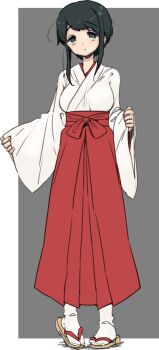 Rule 34 | 1girl, border, closed mouth, full body, green eyes, green hair, grey background, hakama, hakama skirt, highres, japanese clothes, long sleeves, looking at viewer, man (man-room), miko, one-hour drawing challenge, original, pigeon-toed, red hakama, sandals, sawada manami, sidelocks, skirt, solo, tabi, white border, white legwear, wide sleeves