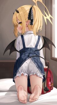 1girl absurdres ass backpack bag barefoot black_horns black_ribbon black_tail black_wings blonde_hair bloomers blue_archive blue_dress blush closed_mouth clothes_lift collared_shirt commentary comodox crime_prevention_buzzer demon_girl demon_horns demon_tail demon_wings dress dress_lift english_commentary feet from_behind full_body hair_ribbon halo highres horns ibuki_(blue_archive) indoors kneeling large_variant_set loli long_sleeves looking_at_viewer looking_back on_bed paid_reward_available pinafore_dress pointy_ears randoseru red_bag ribbon shirt short_hair side_ponytail sleeveless sleeveless_dress soles solo tail toes underwear variant_set white_bloomers white_shirt wings yellow_eyes yellow_halo