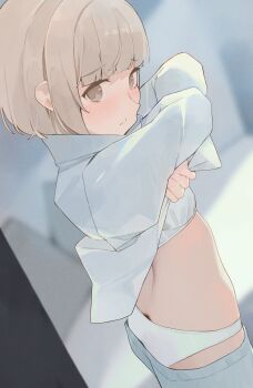 1girl bra breasts brown_eyes brown_hair clothes_lift commentary highres hiroki_(yyqw7151) lifting_own_clothes looking_at_viewer open_mouth original panties shirt shirt_lift short_hair small_breasts solo underwear white_bra white_panties white_shirt