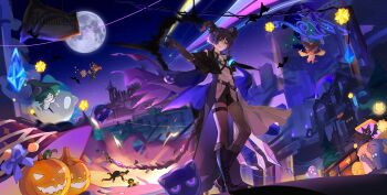 absurdres aether_(genshin_impact) aranara_(genshin_impact) boots cape cat claws dragon_horns dragon_tail full_moon gem genshin_impact ghost halloween hat highres horns mini_durin_(dragon)_(genshin_impact) mini_durin_(genshin_impact) moon paimon_(genshin_impact) pumpkin ribbon scaramouche_(genshin_impact) smile sparkle suyi42478390 tail wanderer_(genshin_impact) witch_hat