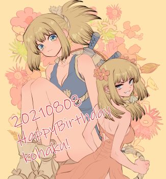 Rule 34 | 1girl, :3, bare shoulders, birthday, blonde hair, blue dress, blue eyes, breasts, character name, cleavage, closed mouth, commentary request, dated, dr. stone, dress, earrings, floral background, flower, grin, hair flower, hair ornament, happy birthday, high ponytail, highres, holding, holding weapon, jewelry, kohaku (dr. stone), long hair, looking at viewer, medium breasts, medium hair, multiple girls, ninomae gin, orange dress, ponytail, rope, rope around waist, shield, sitting, smile, solo, strapless, sword, sword on back, twitter username, weapon, weapon on back, white rope