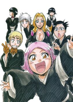 black_hair bleach blonde_hair blue_eyes braid braided_ponytail breasts brown_eyes chain chain_necklace choker closed_mouth glasses grey_hair haori ise_nanao japanese_clothes jewelry kotetsu_isane kotetsu_kiyone kubo_tite kurotsuchi_nemu kusajishi_yachiru large_breasts looking_at_viewer matsumoto_rangiku medium_hair mole mole_under_mouth multiple_girls necklace official_art open_mouth peace_symbol pink_hair pink_shawl puffy_sleeves second-party_source shawl shihakusho short_hair sidelocks simple_background small_breasts smile standing sui-feng white_background