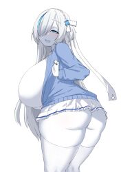 Rule 34 | 1girl, ass, azur lane, black nails, blue cardigan, blue eyes, braid, breasts, cardigan, colored skin, curvy, feet out of frame, flower hair ornament, from behind, gigantic breasts, hair ornament, hair over one eye, half-closed eye, hand up, huge ass, leaning forward, light blush, long hair, looking at viewer, looking back, miniskirt, multicolored hair, nail polish, noe (ppppriver), one eye covered, open cardigan, open clothes, open mouth, pleated skirt, seductive smile, simple background, skirt, smile, solo, streaked hair, tb (azur lane), thick thighs, thighhighs, thighs, very long hair, white background, white hair, white skin, white skirt, white thighhighs