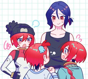 1boy 1girl amate_yuzuriha aqua_eyes blue_hair blush bodysuit breasts closed_mouth commentary_request gundam gundam_gquuuuuux hair_ornament hat highres jacket long_sleeves mecha_pilot_suit multicolored_bodysuit multicolored_hair multiple_girls normal_suit_(gundam) nut87501 open_mouth pajamas pants red_hair shirt short_hair shuji_ito smile sweatdrop tank_top
