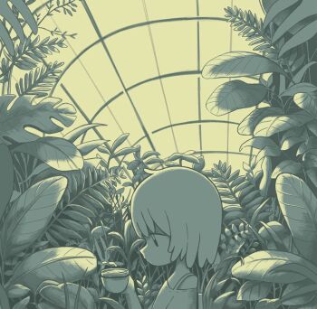 1girl backlighting bare_shoulders conservatory cup drink expressionless fern greyscale highres holding holding_cup monochrome nao_wata nature original plant profile short_hair solo steam teacup