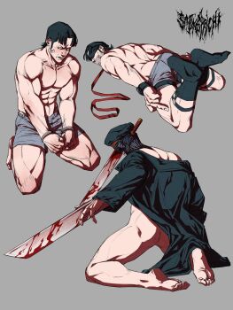 Rule 34 | 1boy, ass, ass peek, bara, black hair, blood, bound, boxers, chainsaw man, coat, collage, cuffs, feet, full body, gag, handcuffs, highres, impaled, improvised gag, katana, katana man (chainsaw man), kneeling, long sideburns, male focus, male underwear, male underwear pull, monster boy, multiple views, muscular, muscular male, object through head, open mouth, pectorals, short hair, sideburns, simple background, smokerichi, sword, sword in head, tape, tape gag, underwear, weapon