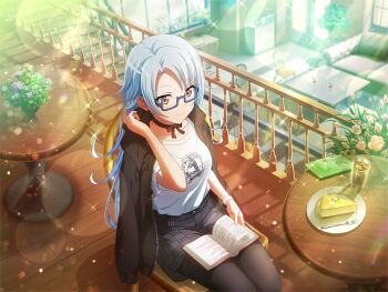 1girl black_choker black_jacket black_pantyhose black_shorts book brown_eyes chiffon_cake choker closed_mouth clothes_writing collarbone drink flower food fork game_cg glasses indoors jacket jacket_on_shoulders long_hair official_art oogami_shiro open_book pantyhose plaid_clothes plaid_shorts railing semi-rimless_eyewear shirt short_sleeves shorts shoujo_kageki_revue_starlight shoujo_kageki_revue_starlight_-re_live- sitting smile solo table upper_body vase white_hair white_shirt