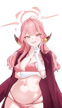 1girl @_@ absurdres aru_(blue_archive) aru_(dress)_(blue_archive) bikini blue_archive blush breasts brown_horns cleavage coat commentary_request demon_horns finger_to_cheek gloves halo highres horns index_finger_raised long_hair looking_at_viewer martinizki multi-strapped_bikini_bottom navel official_alternate_costume open_mouth pink_bikini pink_hair pink_halo red_coat red_halo smile solo strap_slip sweat swimsuit wavy_ends white_background white_gloves