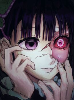 Rule 34 | 1girl, black hair, closed mouth, colored sclera, cracked kawaii mask, hair ornament, hands up, highres, kimetsu no yaiba, pei sun, pink hair, purple eyes, red sclera, smile, solo, sweat, tsuyuri kanao