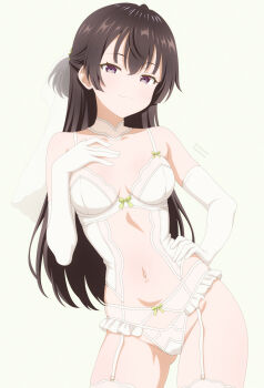 1girl absurdres artist_name audirenze black_hair breasts bridal_lingerie bridal_veil commentary elbow_gloves garter_straps gloves hand_on_own_hip highres lingerie long_hair looking_at_viewer medium_breasts navel paid_reward_available panties purple_eyes simple_background smile smirk solo suou_yuki thighhighs tokidoki_bosotto_roshia-go_de_dereru_tonari_no_alya-san underwear veil white_garter_straps white_gloves white_panties white_thighhighs
