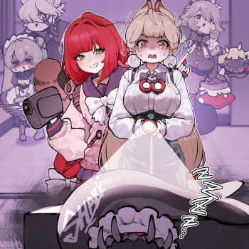 1boy 5girls absurdres ahoge alexandrina_sebastiane alice_thymefield anastella_(zenless_zone_zero) animal_ears bangboo_(zenless_zone_zero) black_boots black_dress black_hair black_sailor_collar blonde_hair boots bow breasts camcorder camera cardigan chroong commentary_request corin_wickes crying crying_with_eyes_open dress drusilla_(zenless_zone_zero) ellen_joe fingernails fins fish_tail flashlight furry furry_male green_eyes green_hair grin hair_ornament hairband heterochromia highres holding holding_camera holding_flashlight index_finger_raised knee_boots korean_commentary long_hair long_sleeves low_twintails maid_headdress metal_hairband multiple_girls pink_cardigan puffy_short_sleeves puffy_sleeves purple_eyes red_eyes red_hair sailor_collar scared shark_girl shark_tail shirt short_sleeves smile sphere_hair_ornament sweat tail tears tongue tongue_out trembling twintails ukinami_yuzuha video_camera von_lycaon white_bow white_shirt wolf_boy wolf_ears yellow_eyes zenless_zone_zero zzz