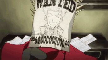 1boy animated animated_gif blonde_hair blood closed_eyes lowres poster spiked_hair trigun vash_the_stampede wanted_poster