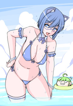 Rule 34 | +++, 2girls, 2k-tan, :d, afloat, ahoge, armband, bare shoulders, bikini, blue bikini, blue eyes, blue hair, blue sky, blunt bangs, bow, bowtie, bracelet, breasts, cleavage, cloud, collarbone, day, detached collar, eyelashes, frilled armband, frills, gluteal fold, hair between eyes, hand on lap, hand on leg, hand on own hip, hand on own leg, hand on own thigh, hand on thigh, hand up, headgear, highres, innertube, jewelry, large breasts, leaning forward, light green hair, me-tan, multiple bracelets, multiple girls, navel, notice lines, o o, open mouth, os-tan, outdoors, pink lips, purple bow, purple bowtie, ruriwo (ruriwo1894), short hair, sky, smile, standing, swim ring, swimsuit, thigh strap, thighs, wading, water, wet