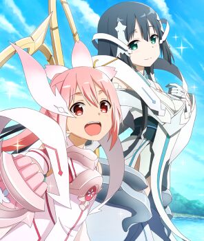 2girls :d black_hair blue_sky breasts clenched_hand closed_mouth cloud day dress flower game_cg gloves green_eyes hair_flower hair_ornament hand_on_own_chest large_breasts long_hair looking_at_viewer magical_girl mankai multiple_girls official_art open_mouth outdoors pink_dress pink_flower pink_gloves pink_hair red_eyes sky smile sparkle teeth third-party_source toji_no_miko toji_no_miko:_kizamishi_issen_no_tomoshibi tougou_mimori upper_teeth_only water white_dress white_gloves yuuki_yuuna yuuki_yuuna_wa_yuusha_de_aru yuusha_de_aru