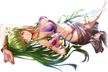 1girl aiming aiming_at_viewer arm_up armlet artist_request bare_shoulders barefoot bikini black_sarong blush breasts c.c. code_geass code_geass:_lost_stories female_focus finger_on_trigger firing full_body game_cg gold green_hair highres holding holding_water_gun jewelry knees_together_feet_apart light_blush long_hair looking_at_viewer lying medium_breasts multi-strapped_bikini_bottom multi-strapped_bikini_top navel non-web_source o-ring o-ring_bikini official_art on_back parted_lips purple_bikini ring sarong see-through_clothes see-through_sarong sidelocks simple_background skindentation solo squirting_liquid stomach sweat swimsuit teeth thighlet transparent_background very_long_hair water water_gun yellow_eyes