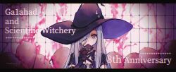 Rule 34 | 1girl, black dress, black gloves, black hat, blood, blue hair, candy, chocolate, chocolate bar, dress, food, gloves, hair over one eye, hat, highres, holding, holding chocolate, holding food, long hair, looking at viewer, mili (band), ooya (july 26), pink blood, short sleeves, solo, tellulu, tile wall, tiles, very long hair, witch hat