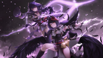 2girls andreas_meidy arm_up bird_girl bird_wings black_hair black_wings blunt_bangs braid breasts bridal_gauntlets cleavage closed_mouth commentary electricity electro_symbol_(genshin_impact) english_commentary eye_symbol feathered_wings feathers floating genshin_impact glowing hair_ornament highres holding holding_sword holding_weapon japanese_clothes jewelry katana kimono kujou_sara light_particles lingerie long_braid long_hair looking_at_viewer looking_to_the_side mask mask_on_head mitsudomoe_(shape) multiple_girls musou_isshin_(genshin_impact) on_one_knee outdoors pendant powering_up purple_background purple_eyes purple_hair purple_kimono purple_sky purple_thighhighs raiden_shogun red_mask red_sash sash shade short_hair single_braid sky swept_bangs sword thighhighs thighs tomoe_(symbol) underwear upper_body weapon wings yellow_eyes