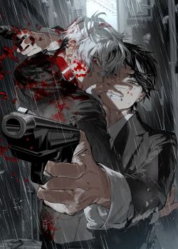 2boys absurdres aiming aiming_at_viewer black_eyes black_hair black_jacket black_necktie black_suit blood blood_on_clothes blood_on_face blood_on_hands blood_splatter building clenched_teeth closed_mouth collar collared_shirt commission ear_piercing earrings formal_clothes gun hair_between_eyes hand_on_another&#039;s_face handgun highres holding holding_gun holding_weapon jacket jewelry long_sleeves looking_at_viewer looking_back male_focus mau_sakura multicolored_hair multiple_boys necktie one_eye_closed original outdoors piercing rain red_collar red_eyes shirt short_hair skeb_commission suit teeth upper_body weapon wet wet_clothes wet_hair white_hair white_shirt
