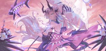 Rule 34 | 1girl, absurdres, arknights, bare shoulders, beach, character request, check character, cloud, dutch angle, earrings, fish, fish skeleton, floating hair, flower, flying fish, from behind, hair over one eye, highres, holding, holding umbrella, horns, jacket, jewelry, long hair, looking at viewer, median furrow, necrass (arknights), off shoulder, one-piece swimsuit, open clothes, open jacket, parasol, ponytail, purple jacket, ring, ripples, shoulder blades, smile, solo, swimsuit, tassel, triangle earrings, twilight, umbrella, upper body, very long hair, white flower, white hair, white one-piece swimsuit, zzzm