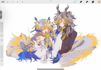 1boy 1girl :d ^_^ antlers arknights art_program_in_frame bare_shoulders beads blonde_hair blue_hair chengchedetoumingren chinese_commentary closed_eyes colored_extremities commentary_request cropped_torso dragon_girl dragon_horns dragon_tail earrings grey_hair hair_between_eyes hand_on_another&#039;s_cheek hand_on_another&#039;s_face highres horns jewelry ji_(arknights) laughing long_hair multicolored_hair necklace off_shoulder open_mouth pointy_ears procreate_(software) shu_(arknights) smile tail unfinished