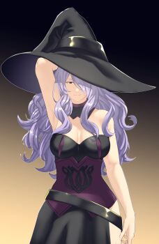 1girl absurdres alternate_costume arm_behind_head arm_up armpits bare_arms belt black_background breasts camilla_(fire_emblem) dress fire_emblem fire_emblem_fates gradient_background hair_over_one_eye half-closed_eyes halloween halloween_costume hat highres large_breasts long_hair looking_at_viewer nintendo pink_eyes pomelomelon purple_eyes purple_hair side_slit sleeveless sleeveless_dress smile solo thighs very_long_hair witch witch_hat yellow_background