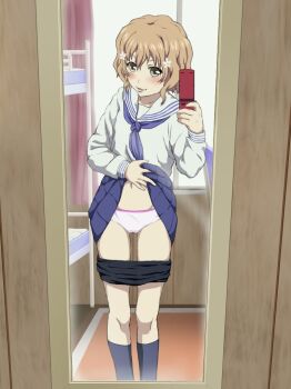 10s 1girl bed blonde_hair blush bunk_bed camera cellphone clothes_lift curtains dom_(jiromike2000) feet_out_of_frame female_focus flip_phone hanasaku_iroha lifting_own_clothes looking_at_viewer matsumae_ohana mirror panties phone presenting reflection school_uniform self_exposure selfie serafuku short_hair skirt skirt_lift socks solo standing underwear window