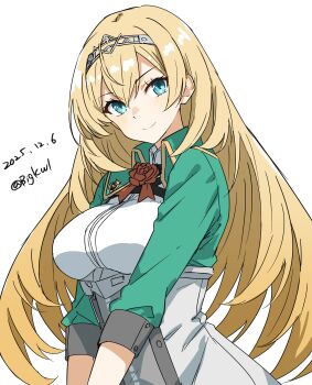 Rule 34 | 1girl, absurdres, bigkwl, blonde hair, blue eyes, breasts, commentary, corset, cropped jacket, dated, flower, green jacket, hair between eyes, highres, jacket, kantai collection, large breasts, long hair, one-hour drawing challenge, red flower, red rose, rose, simple background, solo, tiara, twitter username, upper body, victorious (kancolle), white background