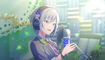 1girl :d blurry blurry_background bracelet collared_shirt colorful_palette game_cg green_eyes grey_hair grey_jacket hair_between_eyes happy_birthday headphones highres hinomori_shiho jacket jewelry looking_afar microphone musical_staff necktie official_art open_mouth project_sekai red_necktie shirt short_hair smile solo star_(symbol) striped_clothes striped_necktie studio_microphone third-party_source tongue triangle white_shirt