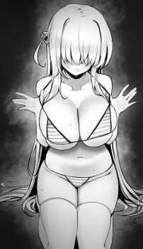 1girl bikini bikini_pull blush bocchi_the_rock! breasts cleavage clothes_pull commentary cube_hair_ornament facing_viewer gotoh_hitori greyscale hair_ornament hair_over_eyes highres huge_breasts kneeling large_breasts long_hair monochrome nago_purin one_side_up simple_background solo striped_bikini striped_clothes sweat swimsuit symbol-only_commentary thighhighs very_long_hair