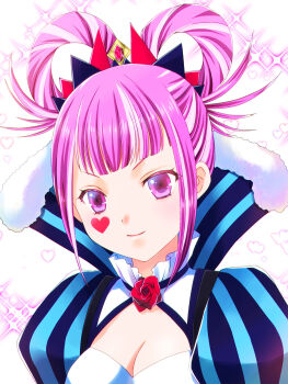 1girl blunt_bangs breasts cleavage facial_mark fire_emblem fire_emblem_engage folded_twintails hair_flaps hair_rings heart heart_facial_mark highres hortensia_(fire_emblem) looking_at_viewer medium_breasts multicolored_hair multicolored_tiara nintendo pink_eyes pink_hair sidelocks solo two-tone_hair wineryder823